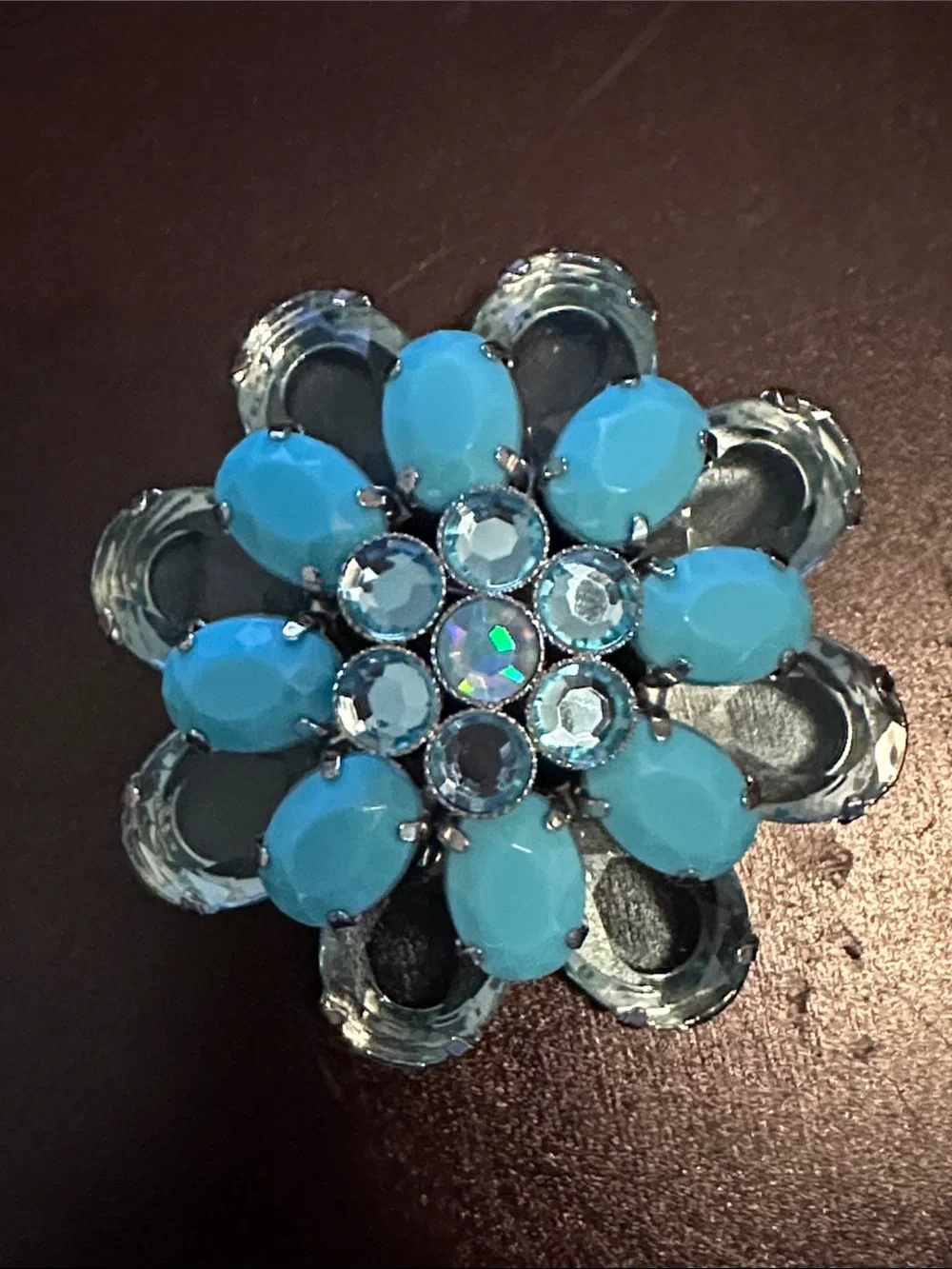 Aqua Blue Floral Crystal Statement Brooch - Women Jewelry